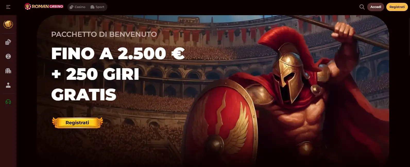 Homepage RomanCasino con logo, navigazione e lobby dei giochi